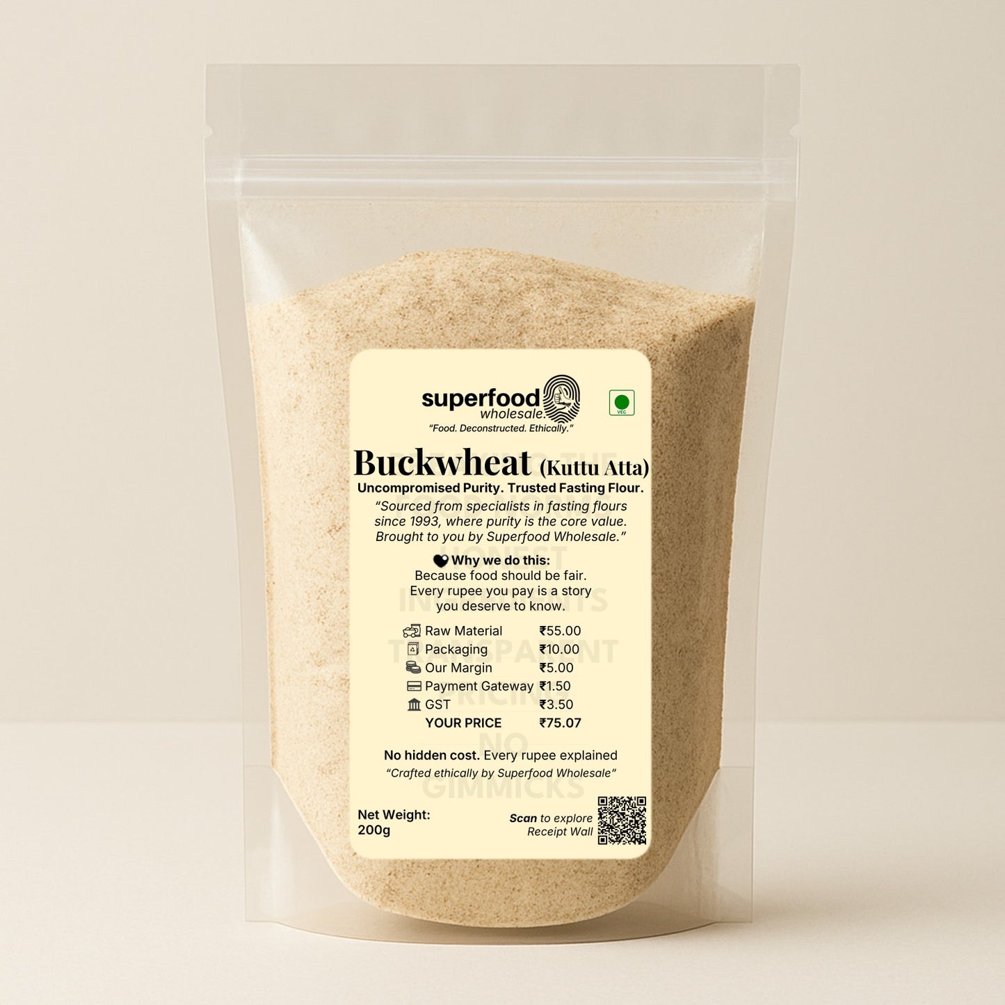Main image of Kuttu Atta (Buckwheat Flour) pouch with transparent packaging and MRP price breakdown – pure gluten-free fasting flour.