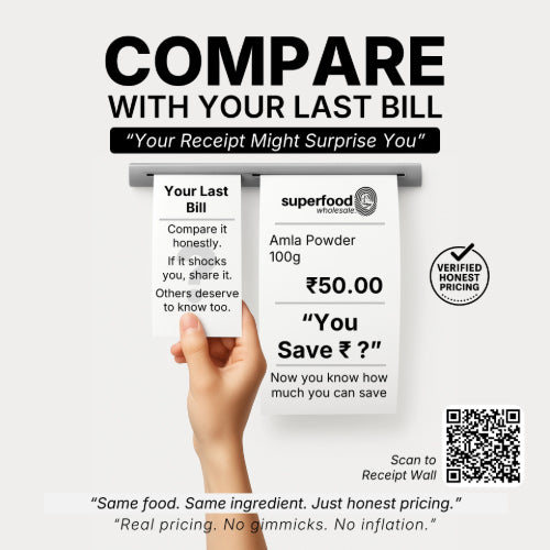Compare price of Amla Powder 100g – honest pricing vs your last bill. ₹50 transparent MRP. Real amla, no gimmicks, no inflation. Verified fair price by Superfood Wholesale. Check how much you save with pure Amla powder.