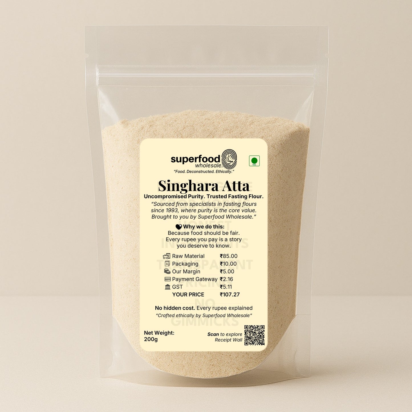 Main image of Singhara Atta (Water Chestnut Flour) pouch showing transparent pack and MRP breakdown – gluten-free vrat-special flour.