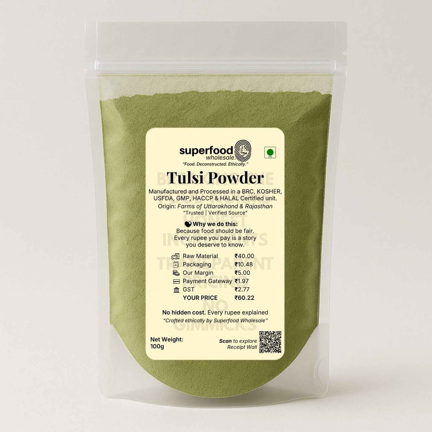 Organic tulsi powder for immunity boost, respiratory health, and skin care.