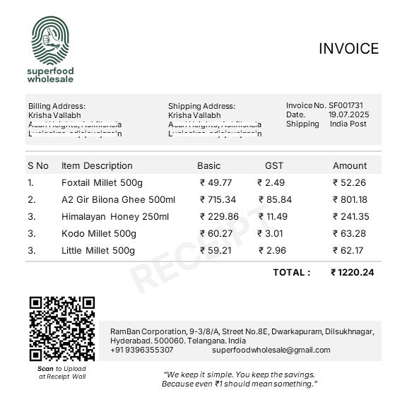 Superfood Wholesale invoice with itemized list and total amount.
