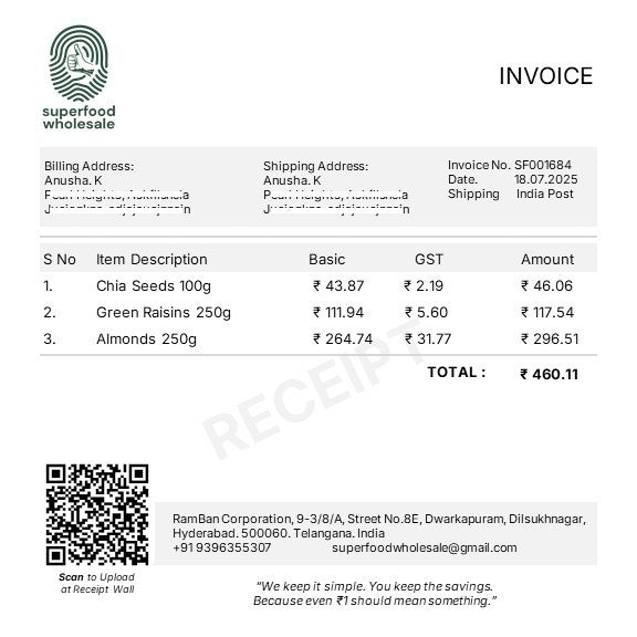 Superfood Wholesale invoice with itemized list and total amount.