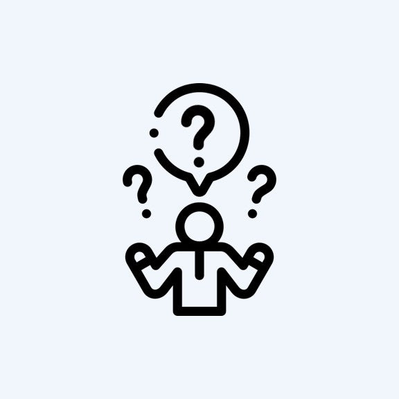 Black icon of a person with question marks above their head on a light gray background