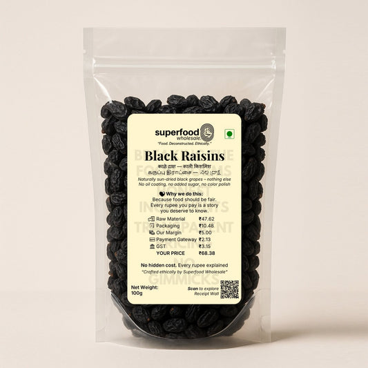 Organic black raisins, iron-rich dried fruit for energy and skin health.