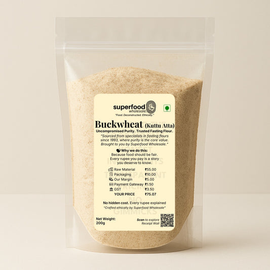 Main image of Kuttu Atta (Buckwheat Flour) pouch with transparent packaging and MRP price breakdown – pure gluten-free fasting flour.