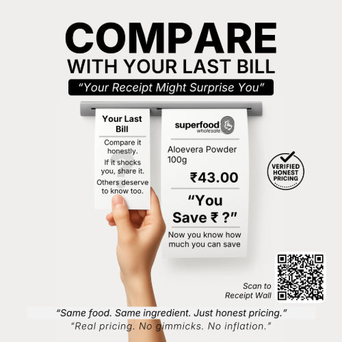 Compare price of Aloevera Powder 100g – honest pricing vs your last bill. ₹43 transparent MRP. Real aloevera powder, no gimmicks, no inflation. Verified fair price by Superfood Wholesale. Check how much you save with pure Aloevera powder.
