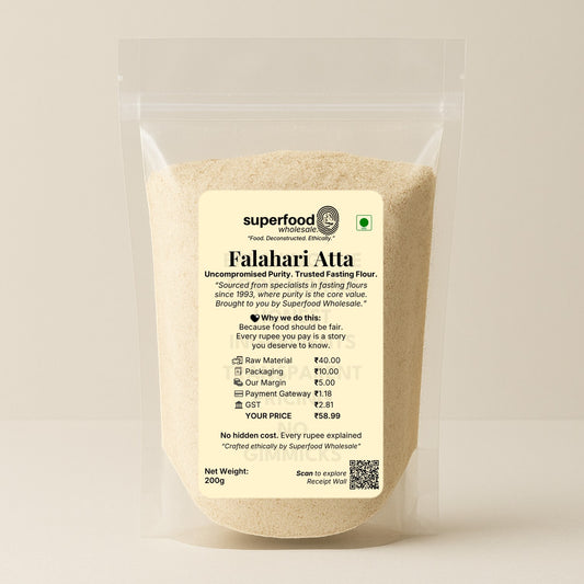 Main image of Kuttu Atta (Buckwheat Flour) pouch with transparent packaging and MRP price breakdown – pure gluten-free fasting flour.