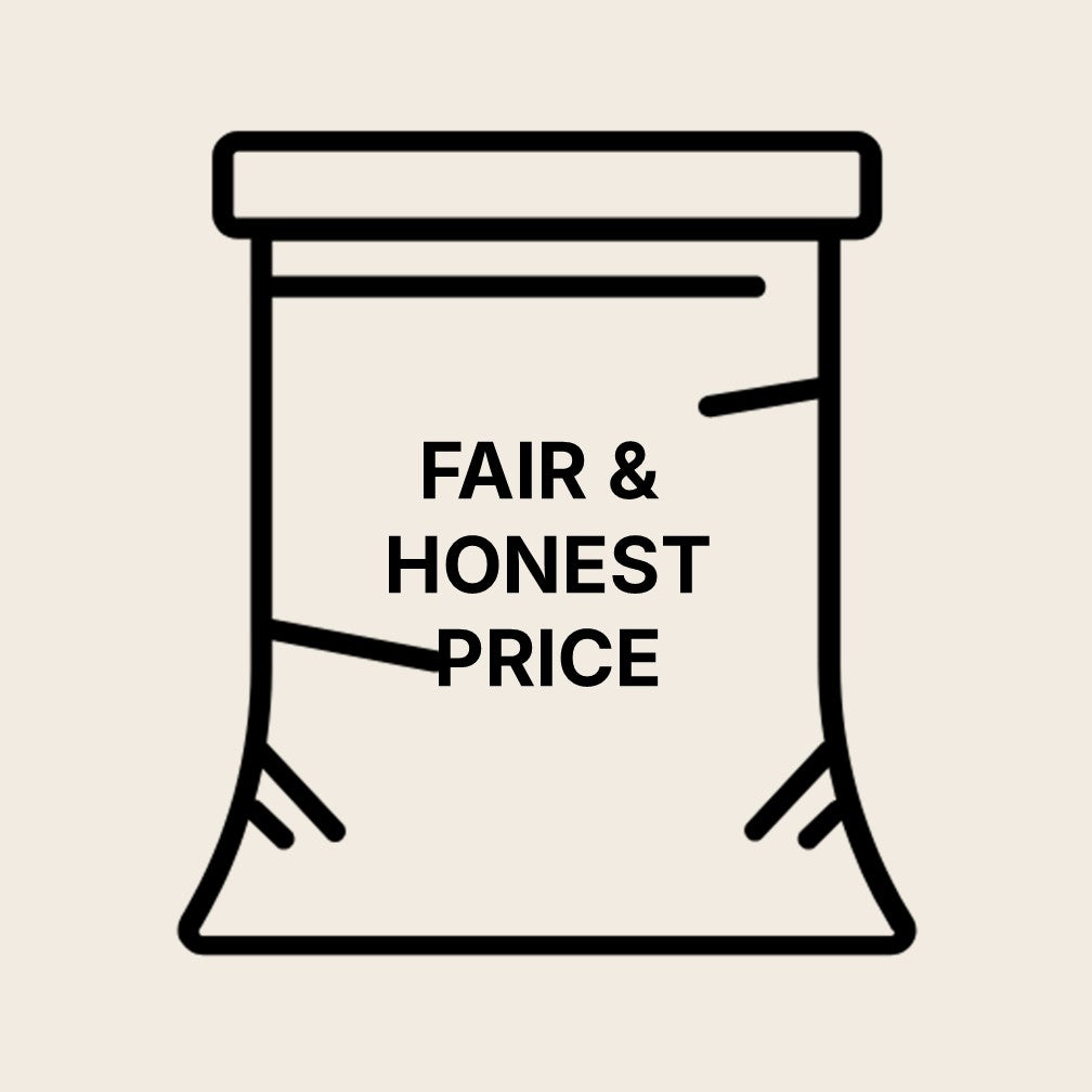 Icon of a pouch labeled ‘Fair & Honest Price’ — representing single transparent pricing with no bulk pressure.