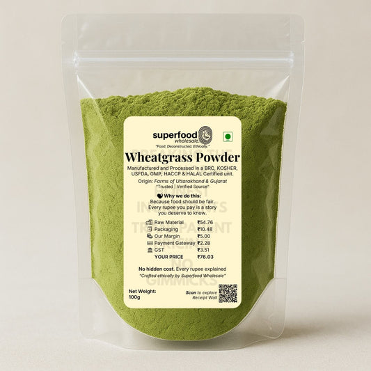 Organic wheatgrass powder rich in chlorophyll, natural detox superfood supplement.