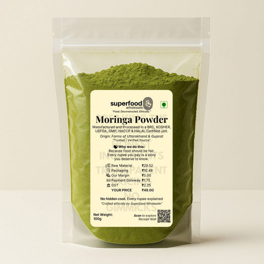 Pure moringa leaf powder, nutrient-rich superfood for energy and immunity boost.