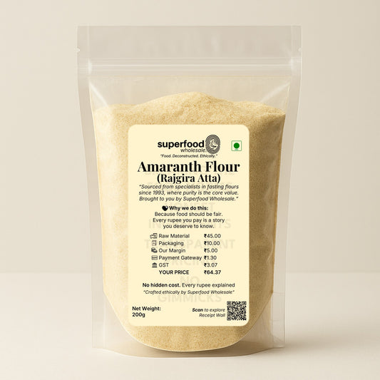 Main image of Rajgira Atta (Amaranth Flour) pouch with see-through packaging and MRP price breakdown – protein-rich gluten-free flour.
