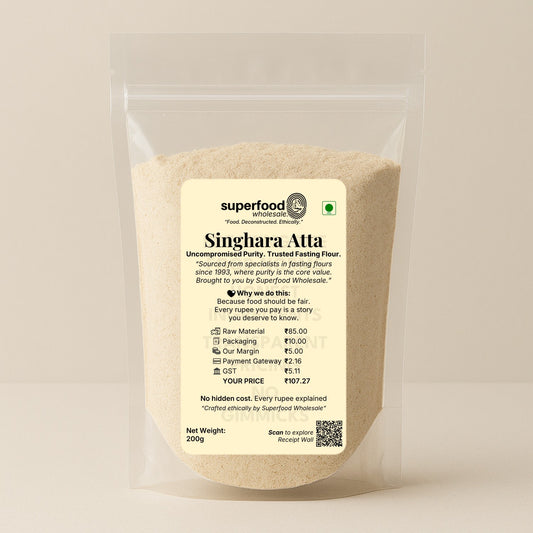 Main image of Singhara Atta (Water Chestnut Flour) pouch showing transparent pack and MRP breakdown – gluten-free vrat-special flour.